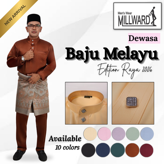 BRAND MILLWARD BAJU MELAYU 2026 ,CEKAK MUSANG, SLIM FIT , DEWASA,10 COLORS , B88368 (Tidak Termasuk Sampin) No ratings yet 0 Sold