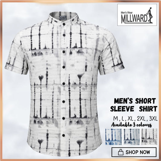 Millward Short sleeve button-up shirts with abstract patterns in Black, blue grey, and blue colors.