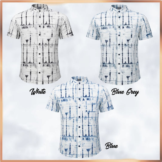 Millward Short sleeve button-up shirts with abstract patterns in Black, blue grey, and blue colors.