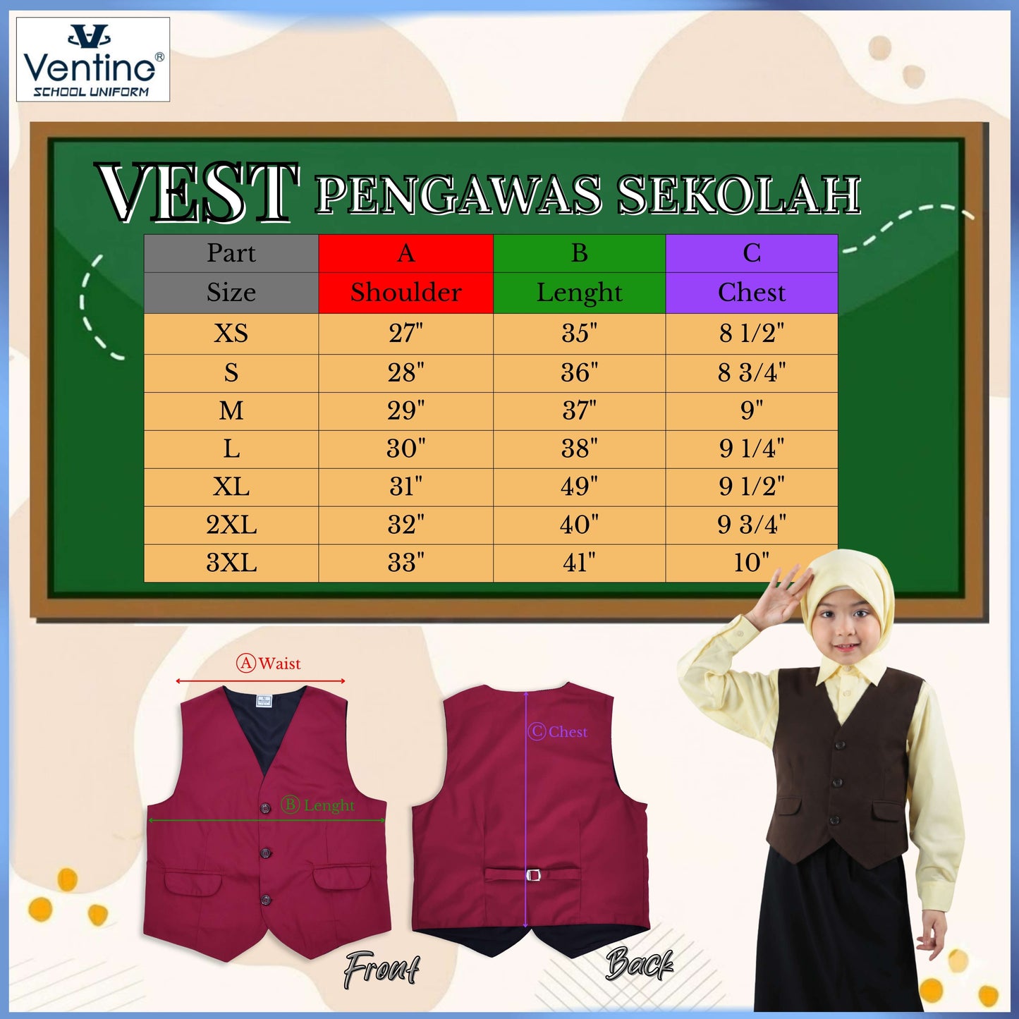 Ventine Vest Pengawas Sekolah Unisex | Size XS-3XL | Maroon / Blue / Brown / Black