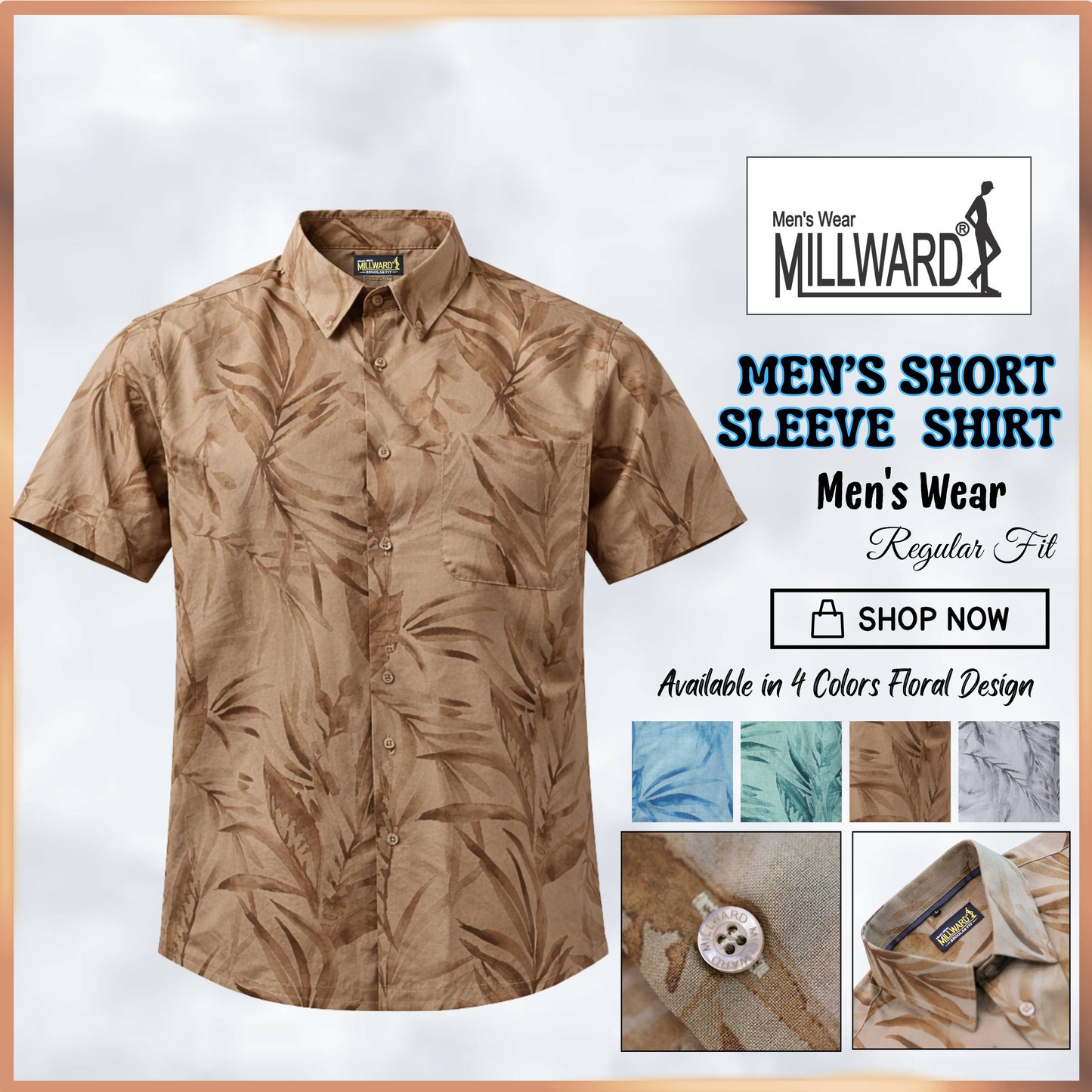 MILLWARD Men’s Floral Short Sleeve Shirt Regular Fit  (S–4XL)/Kemeja Lelaki Corak Floral MILLWARD Lengan Pendek Regular Fit  (S–4XL)