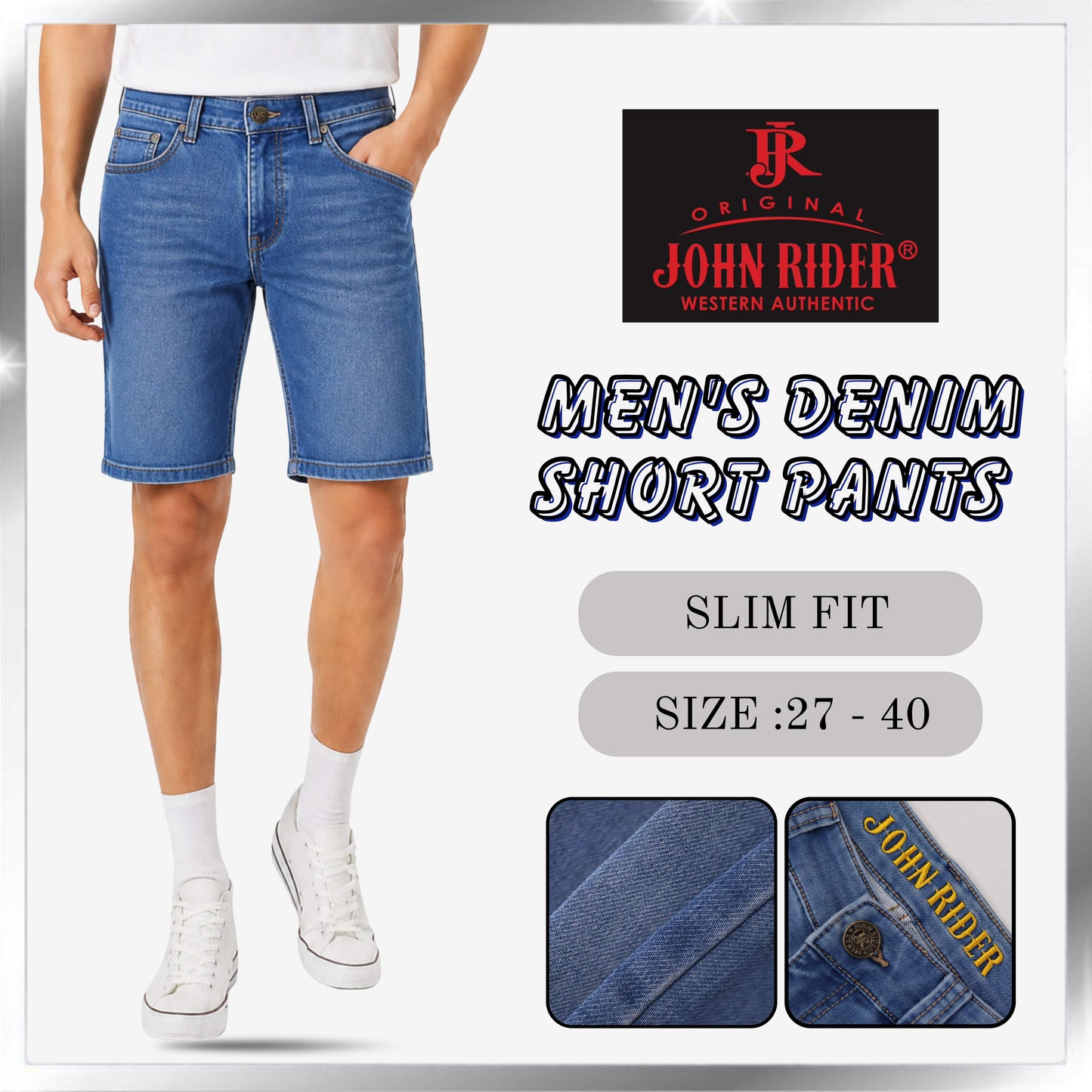 John Rider Men's Denim Short Pants Slim Fit /Light Denim Blue /Size 27-40
