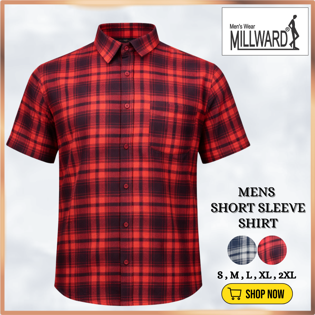 MILLWARD Men’s Plaid Casual Shirt – Short Sleeve Regular Fit Red & Navy