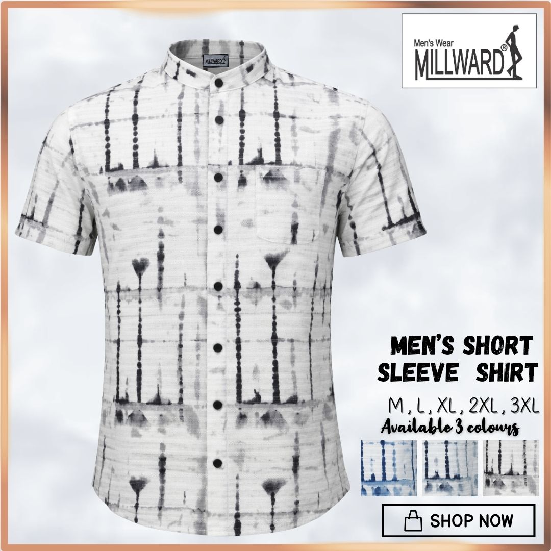 Millward Short sleeve button-up shirts with abstract patterns in Black, blue grey, and blue colors.