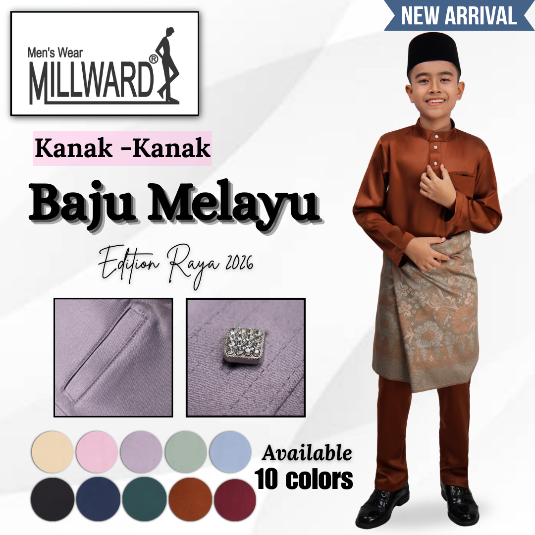 BRAND MILLWARD BAJU MELAYU 2026 ,CEKAK MUSANG, SLIM FIT , 10 COLORS , KIDS , (Tidak Termasuk Sampin)