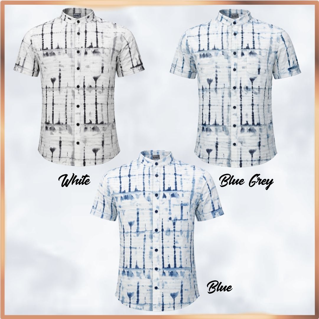 Millward Short sleeve button-up shirts with abstract patterns in Black, blue grey, and blue colors.