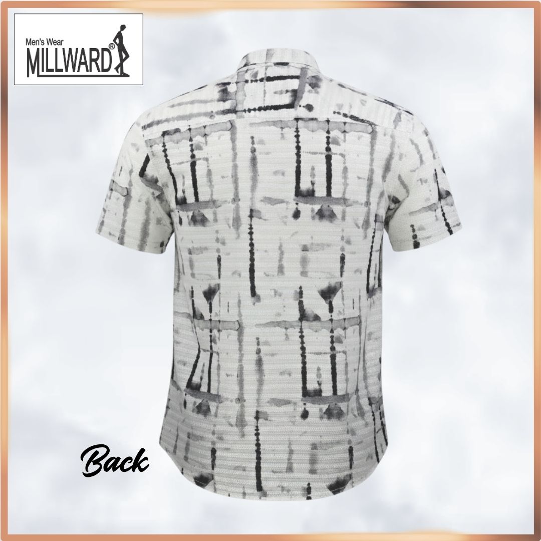 Millward Short sleeve button-up shirts with abstract patterns in Black, blue grey, and blue colors.