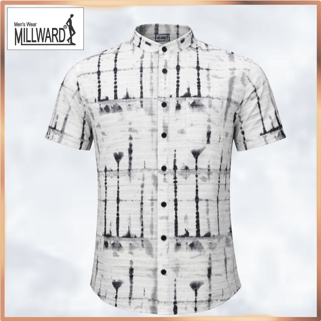Millward Short sleeve button-up shirts with abstract patterns in Black, blue grey, and blue colors.