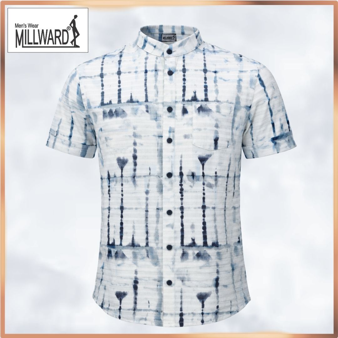Millward Short sleeve button-up shirts with abstract patterns in Black, blue grey, and blue colors.
