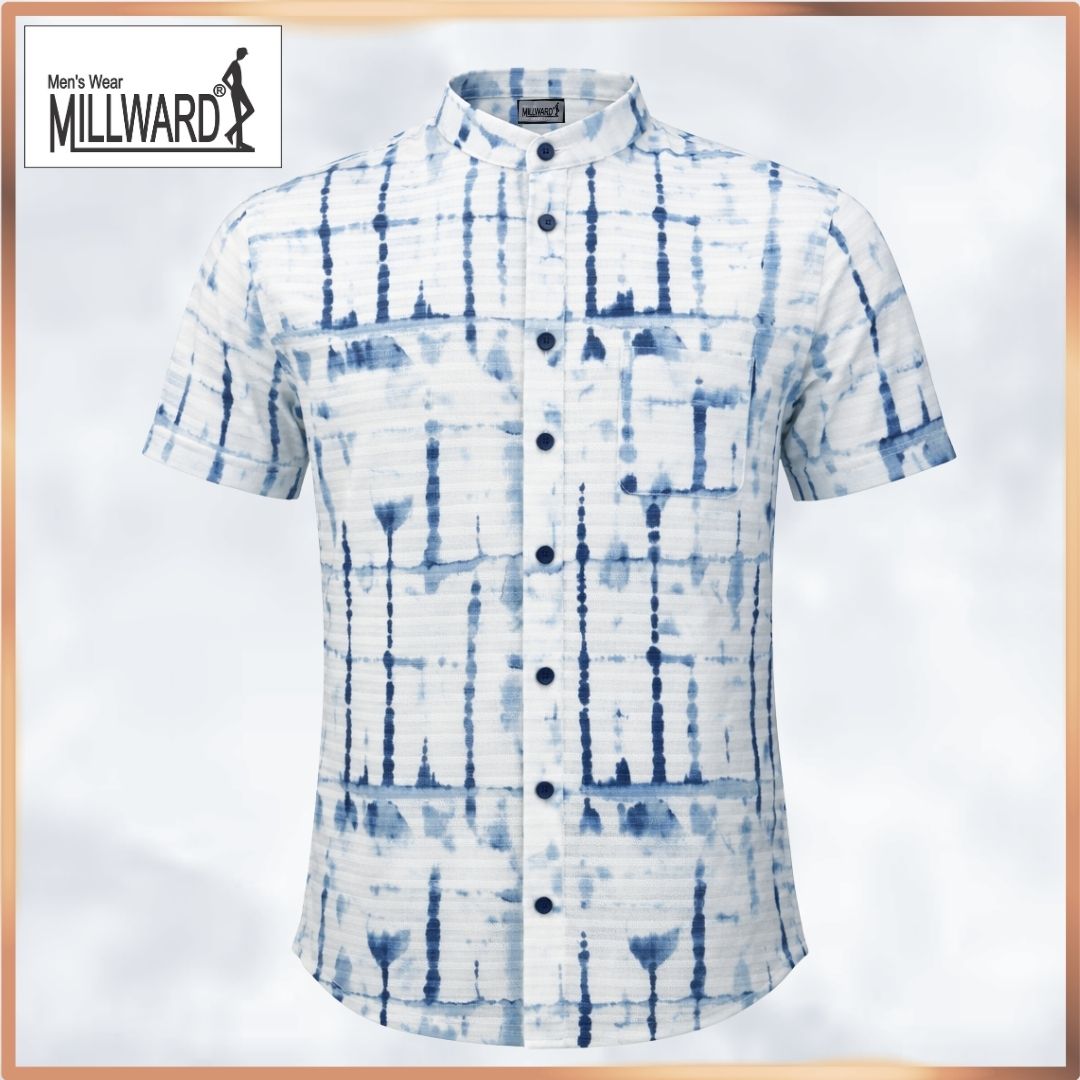 Millward Short sleeve button-up shirts with abstract patterns in Black, blue grey, and blue colors.