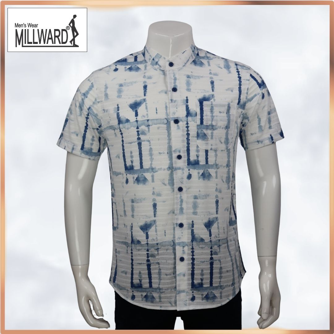 Millward Short sleeve button-up shirts with abstract patterns in Black, blue grey, and blue colors.