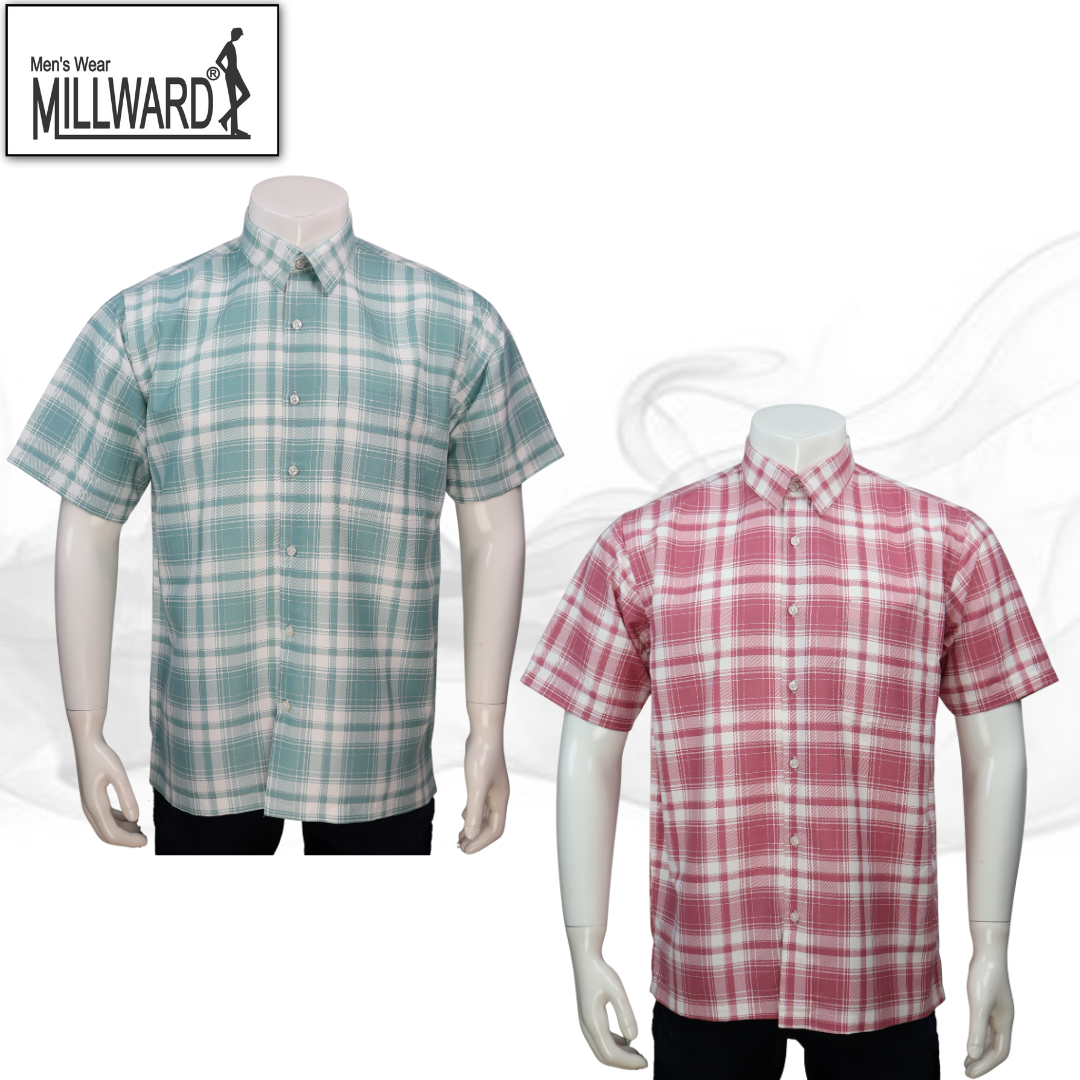 Brand Millward Men's Shirt Short Sleeve [RegularFit] / Kemeja Lelaki Lengan Pendek ) [RegularFit] (L.Pink & M.Green)