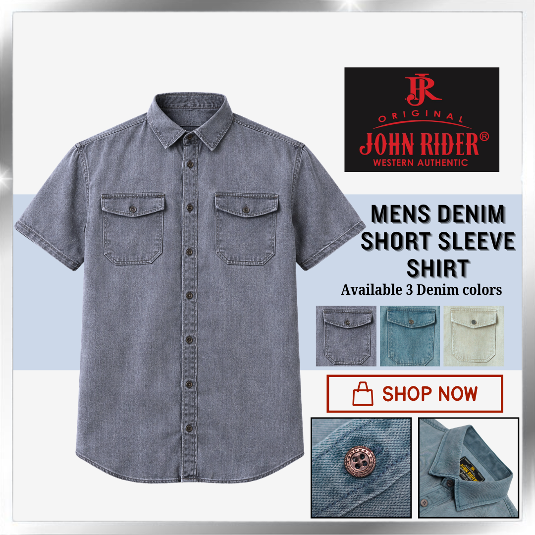 Brand John RIder Men's Denim Shirt Short Sleeve S-5XL [Smart Fit] [Silver Grey/Ash Blue/Khaki]