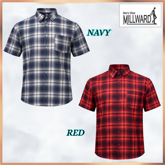 MILLWARD Men’s Plaid Casual Shirt – Short Sleeve Regular Fit Red & Navy