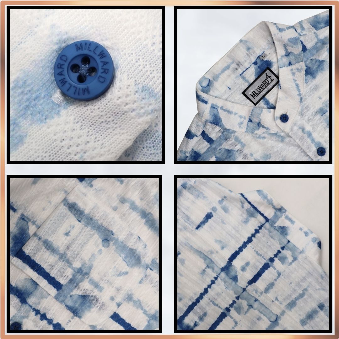 Millward Short sleeve button-up shirts with abstract patterns in Black, blue grey, and blue colors.