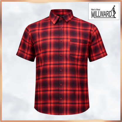MILLWARD Men’s Plaid Casual Shirt – Short Sleeve Regular Fit Red & Navy