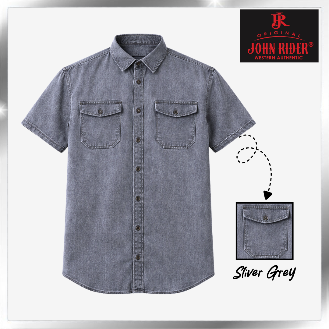 Brand John RIder Men's Denim Shirt Short Sleeve S-5XL [Smart Fit] [Silver Grey/Ash Blue/Khaki]
