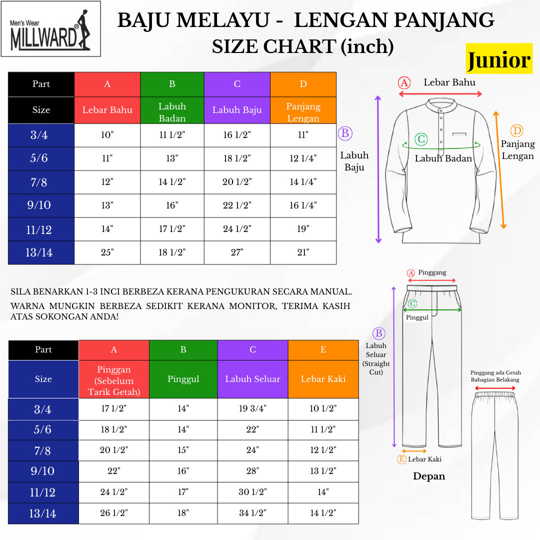 BRAND MILLWARD BAJU MELAYU 2026 ,CEKAK MUSANG, SLIM FIT , 10 COLORS , KIDS , (Tidak Termasuk Sampin)