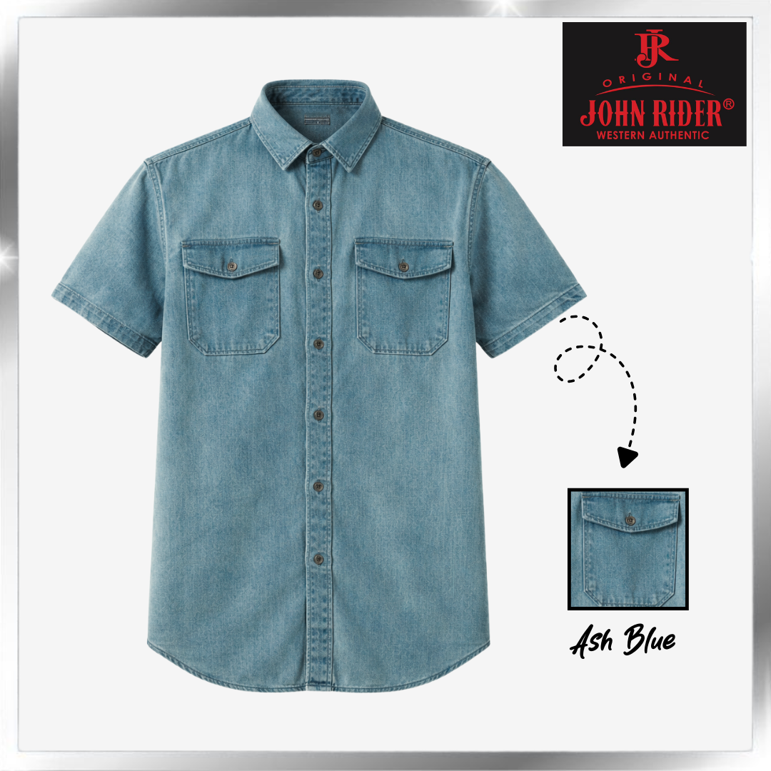 Brand John RIder Men's Denim Shirt Short Sleeve S-5XL [Smart Fit] [Silver Grey/Ash Blue/Khaki]