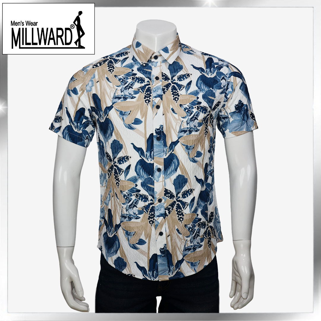 Brand Millward Shirt Short Sleeve Blue & Grey/Blue & Grey/Slim Fit