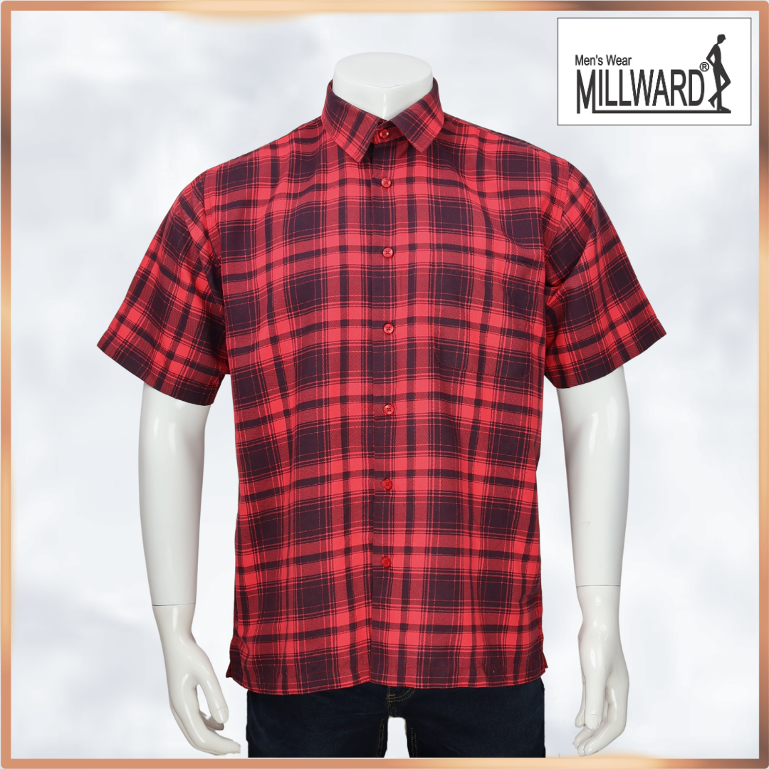 MILLWARD Men’s Plaid Casual Shirt – Short Sleeve Regular Fit Red & Navy