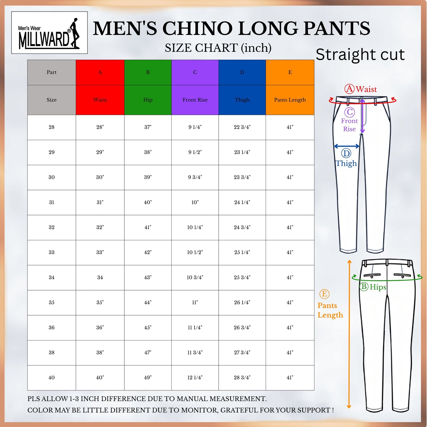 Millward Men's Chino Long Pants Straight Cut [Available} in Oatmeal,Grey,Dark Grey,Black