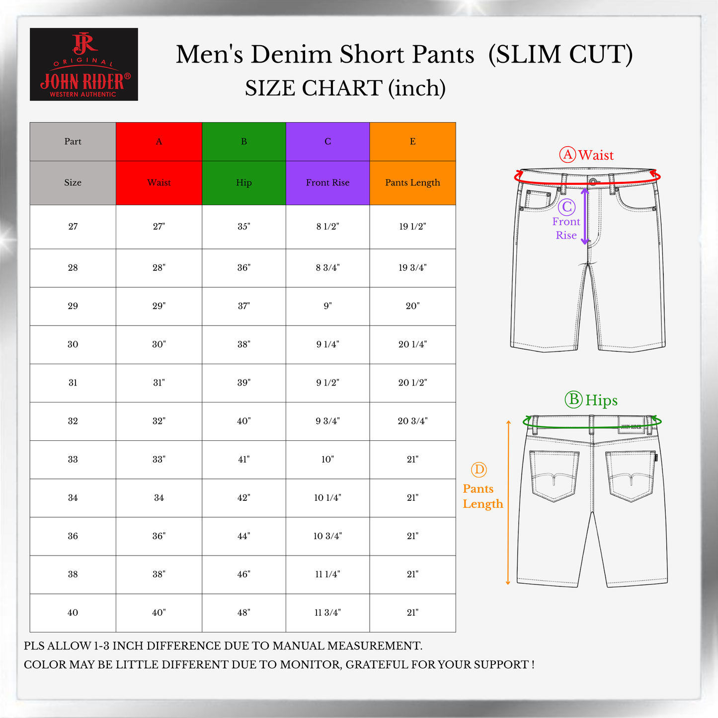 John Rider Men's Denim Short Pants Slim Fit /Light Denim Blue /Size 27-40