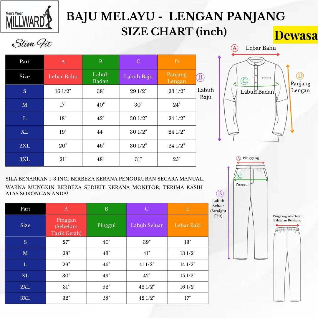 BRAND MILLWARD BAJU MELAYU 2026 ,CEKAK MUSANG, SLIM FIT , DEWASA,10 COLORS , B88368 (Tidak Termasuk Sampin) No ratings yet 0 Sold