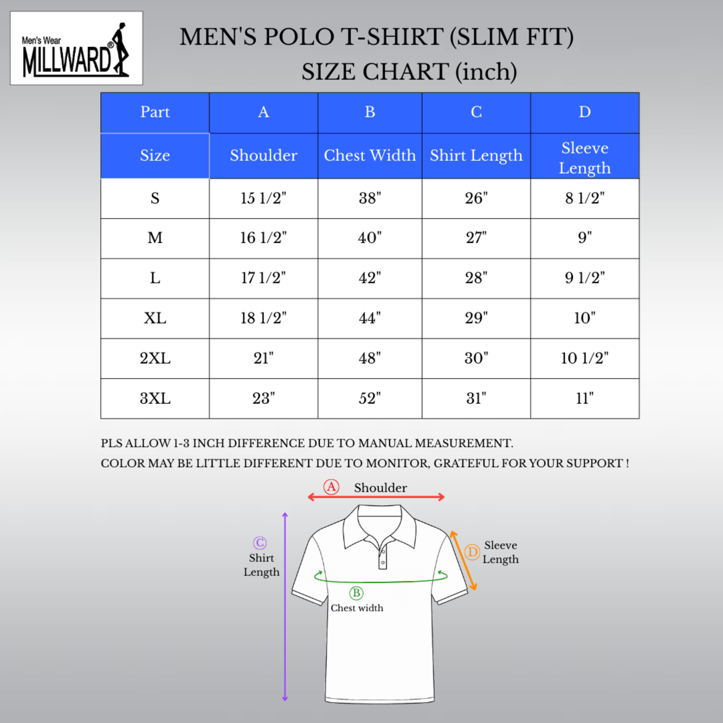 MILLWARD Brand Men’s Polo T-Shirt ,4 Colors,Slim Fit / Kemeja Polo Lelaki ,4 warna , Potongan Slim