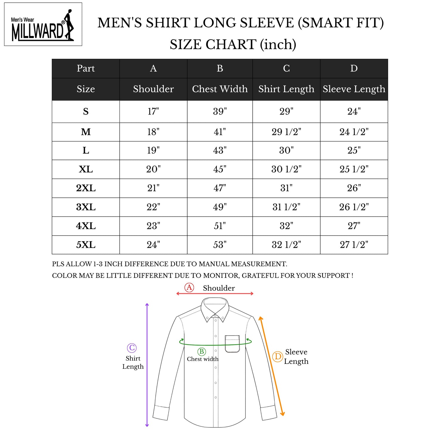Brand Millward Men's Shirt Long Sleeve (Black/White) [SmartFit]  / Kemeja Lelaki Lengan Panjang (Hitam/Putih) [SmartFit]