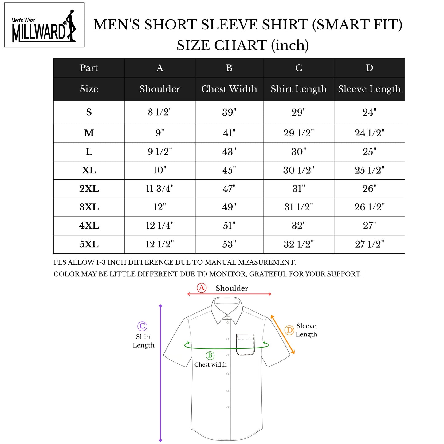 Brand Millward Men's Shirt Short Sleeve (Black/White) [SmartFit]  /Kemeja Lelaki Lengan Pendek (Hitam/Putih) [SmartFit]