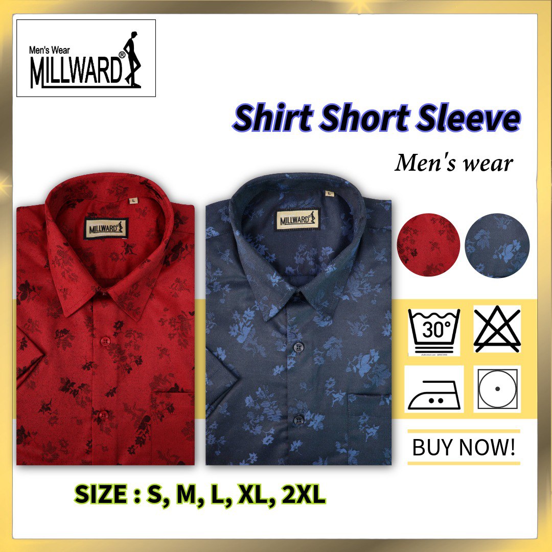 Brand Millward Men's Shirt Short Sleeve [RegularFit] / Kemeja Lelaki Lengan Pendek ) [RegularFit] (Navy & Red)