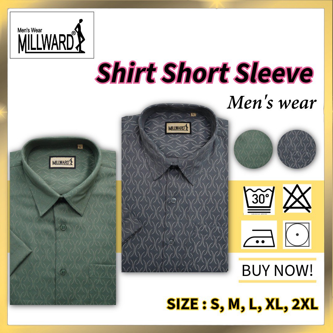 Brand Millward Men's Shirt Short Sleeve [RegularFit] / Kemeja Lelaki Lengan Pendek ) [RegularFit] (Green & Light Grey)