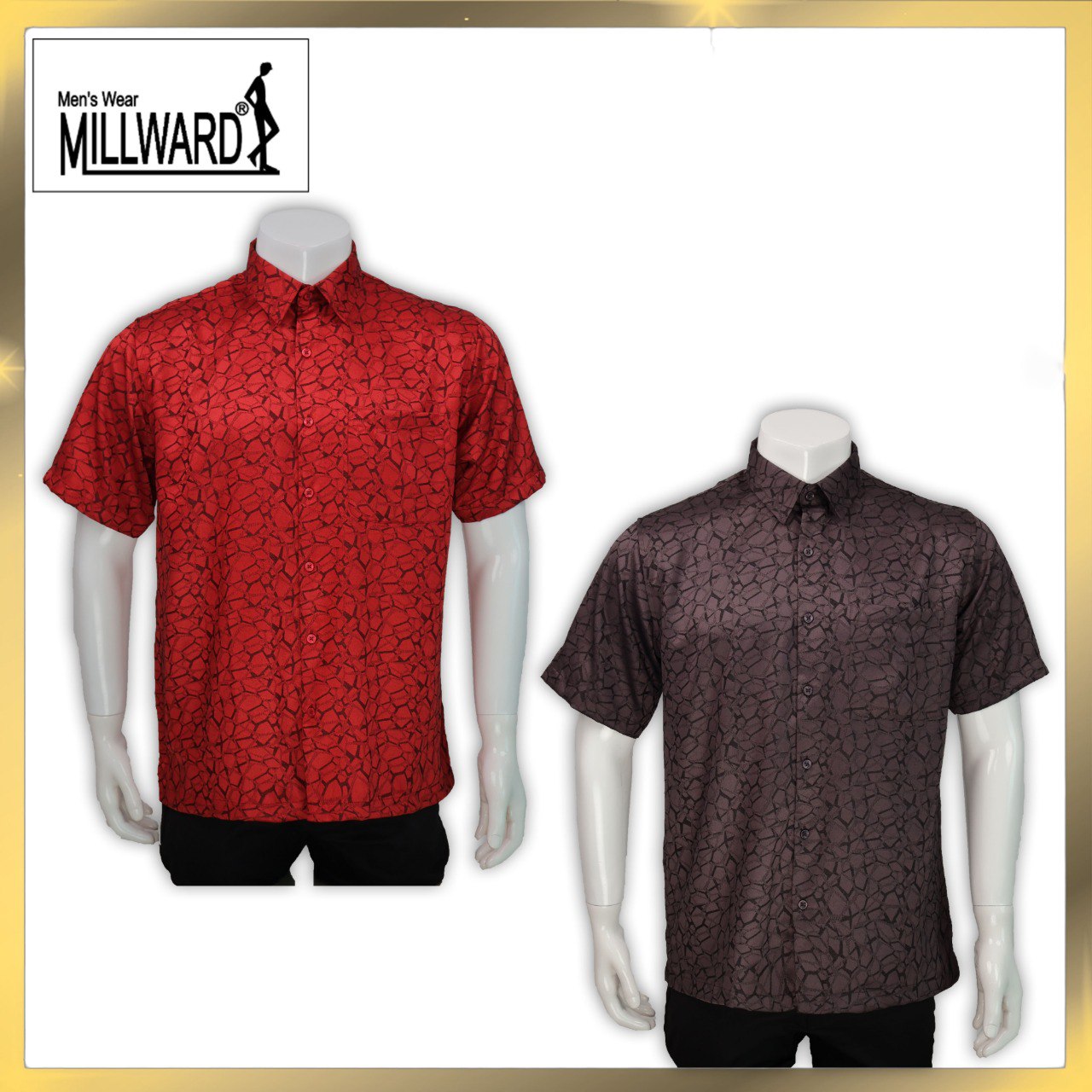 Brand Millward Men's Shirt Short Sleeve [RegularFit] / Kemeja Lelaki Lengan Pendek ) [RegularFit] (Red& Dark Chocolate)