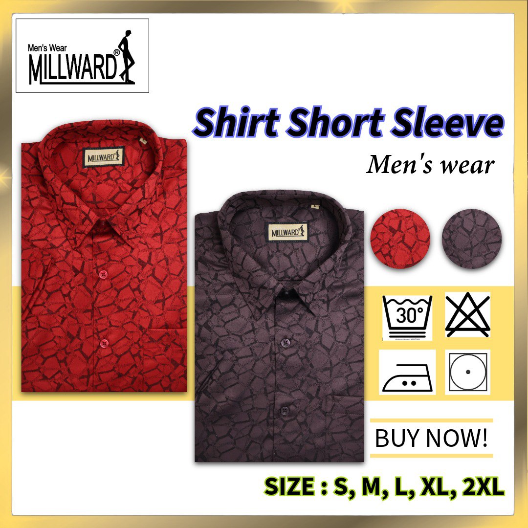 Brand Millward Men's Shirt Short Sleeve [RegularFit] / Kemeja Lelaki Lengan Pendek ) [RegularFit] (Red& Dark Chocolate)