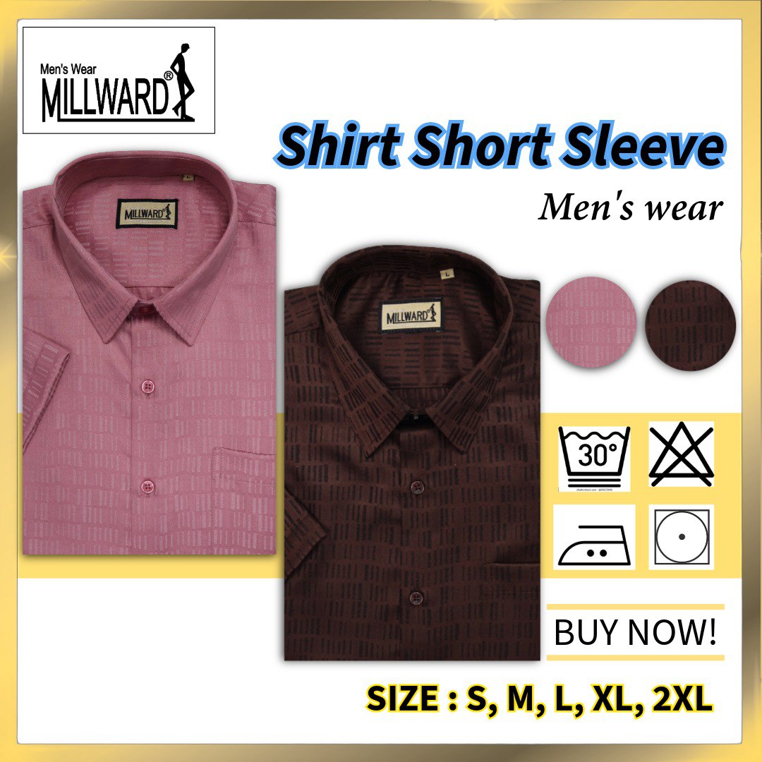 Brand Millward Men's Shirt Short Sleeve [RegularFit] / Kemeja Lelaki Lengan Pendek ) [RegularFit] (Dark Brown & Pink)