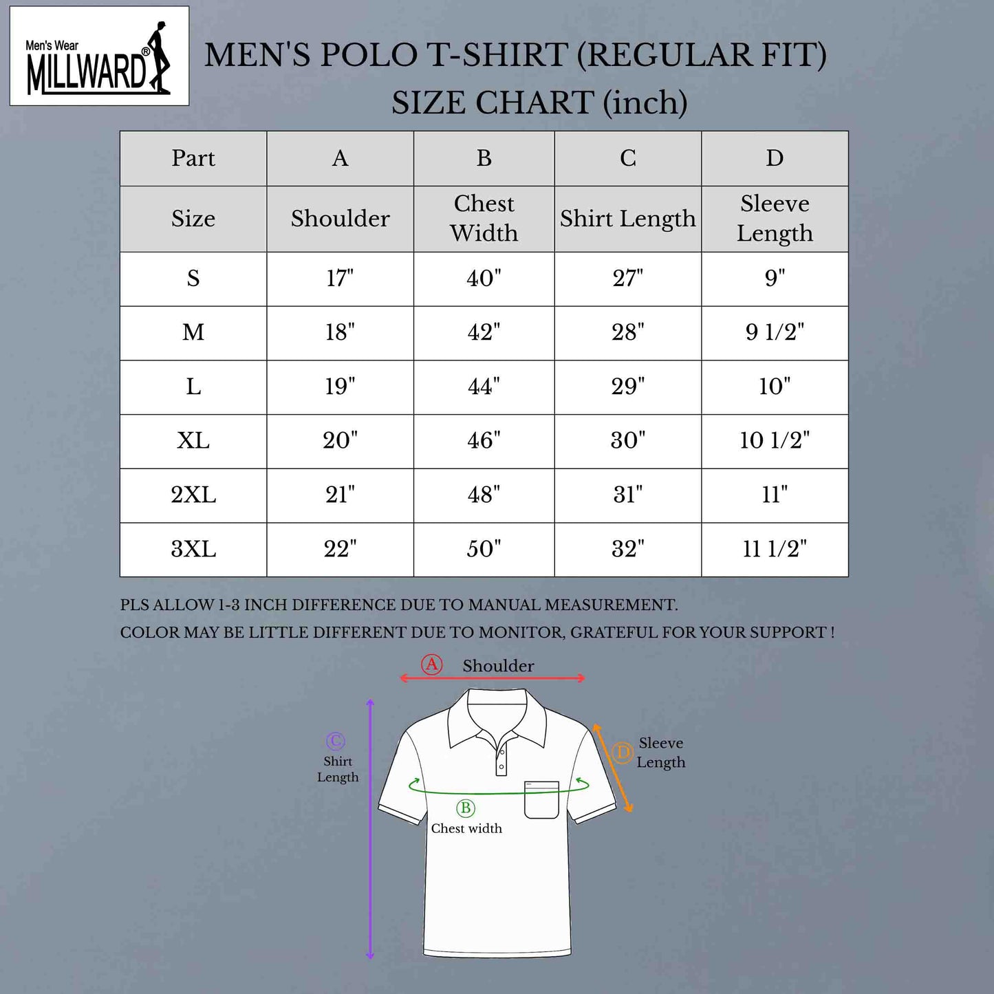 Millward Men’s Polo T-Shirt Short Sleeve (6 Colours) [Regular Fit]