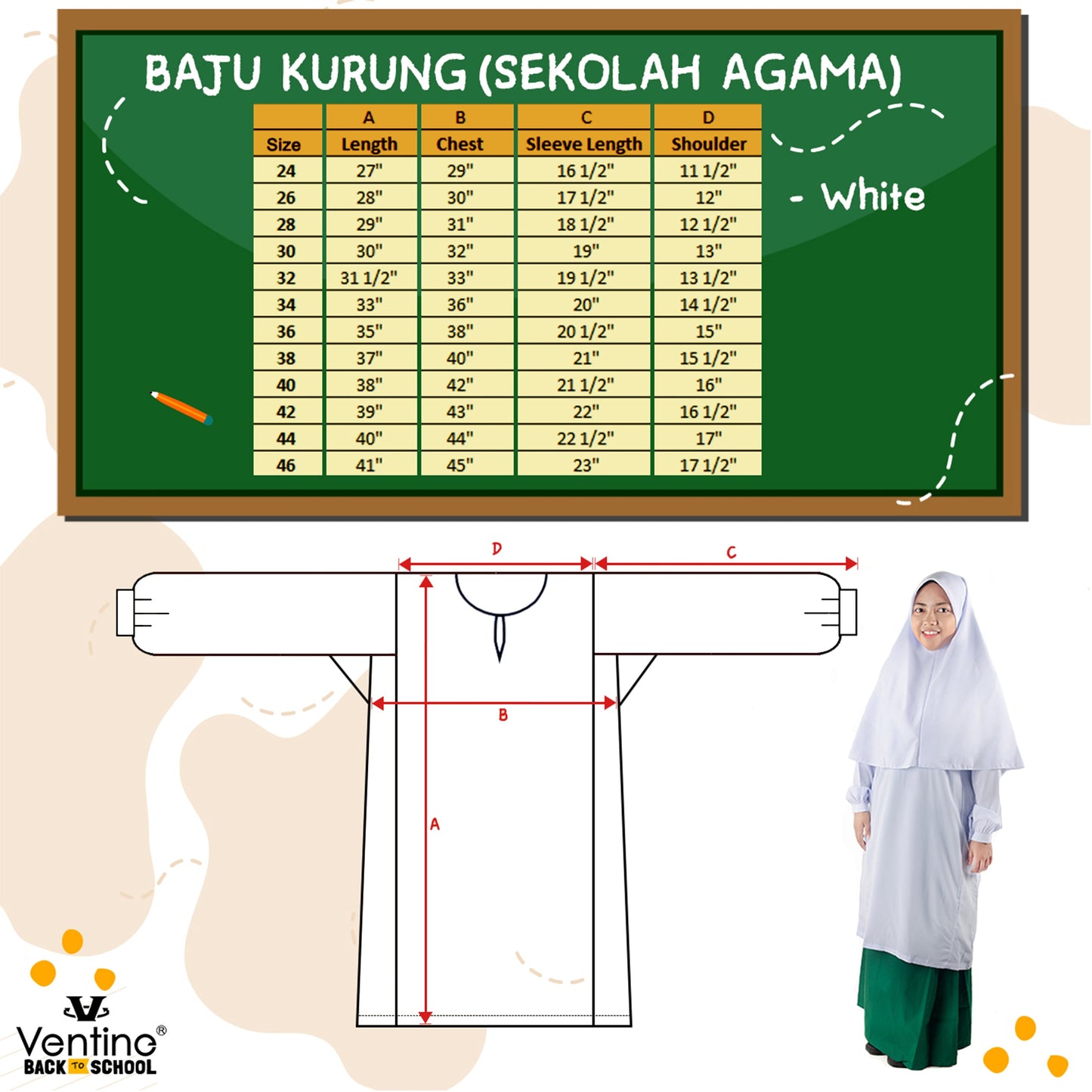 Baju Kurung Putih Sekolah Rendah/Menengah (Agama) (BAJU SAHAJA)